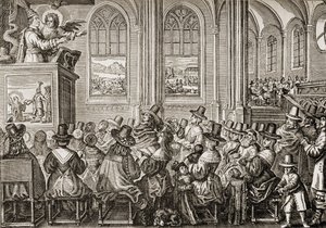 Oliver Cromwell (1599-1658) preekt voor een puriteinse gemeente door English School